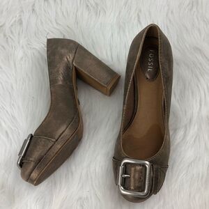 Fossil Metallic Leather Buckle Block Heeled Shoes